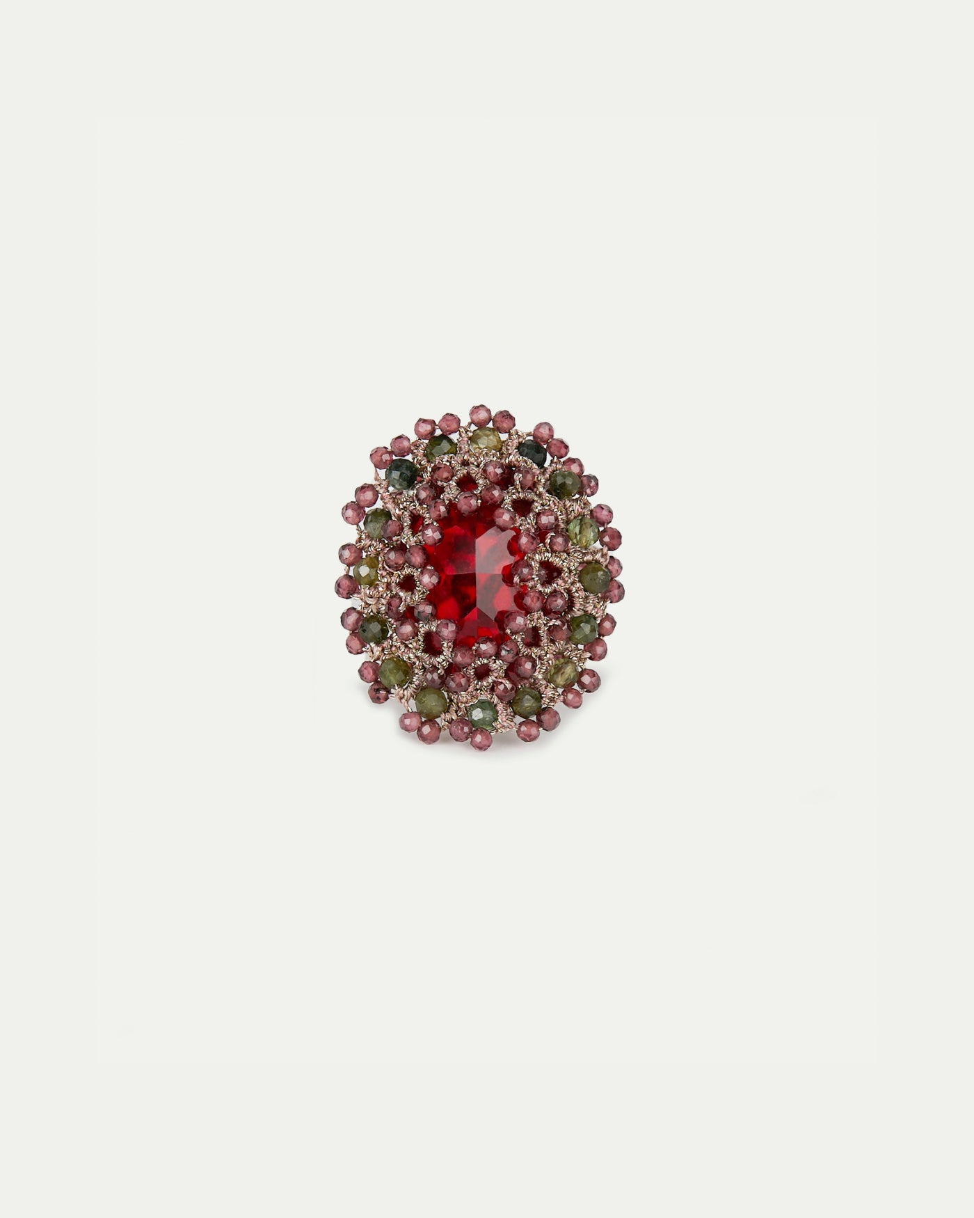 ECATERINA RING in Silk, Crystal, Garnet color Red side view with decorative details and quality finishes