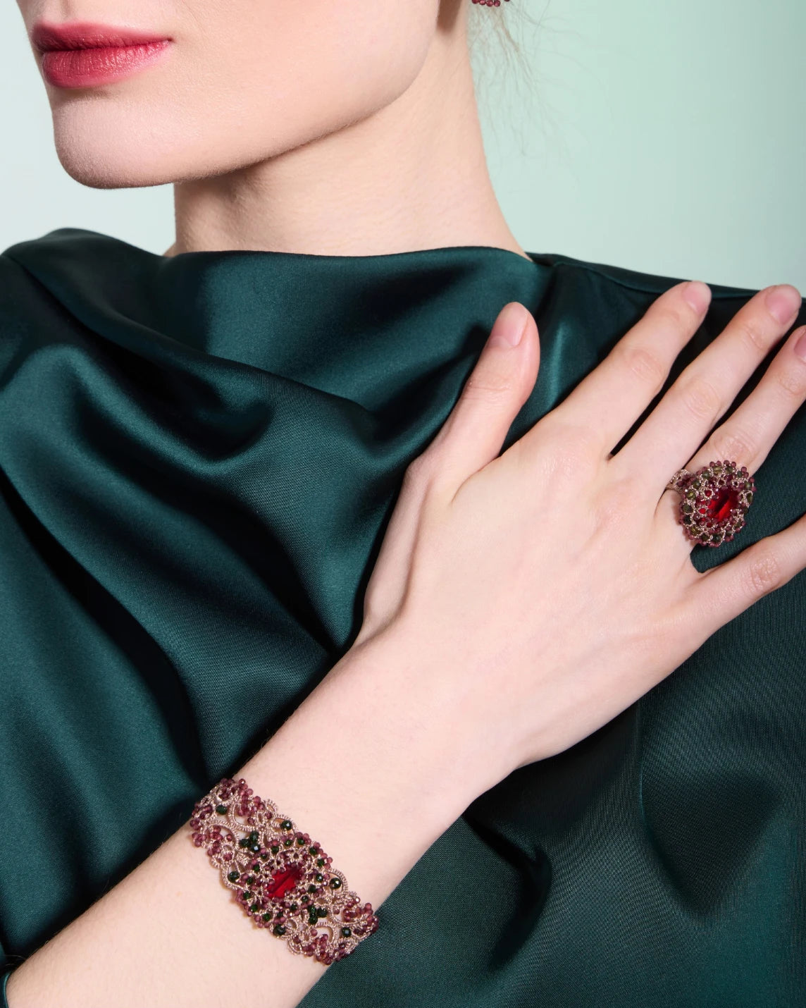ECATERINA RING in Silk, Crystal, Garnet color Red detail view with classic and elegant design