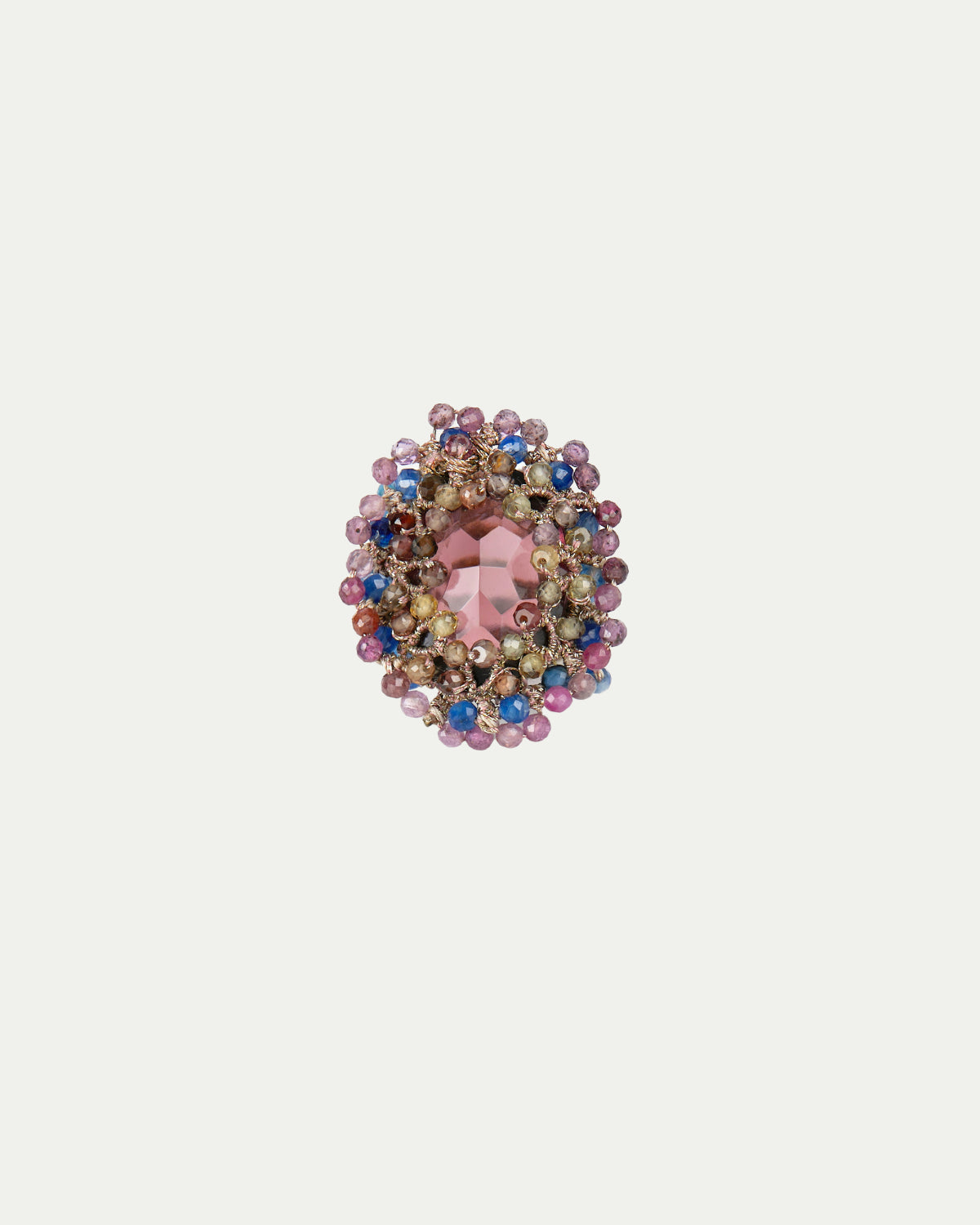 ECATERINA RING with pink crystal, multicolored sapphire, kyanite, and metallic silk threads.