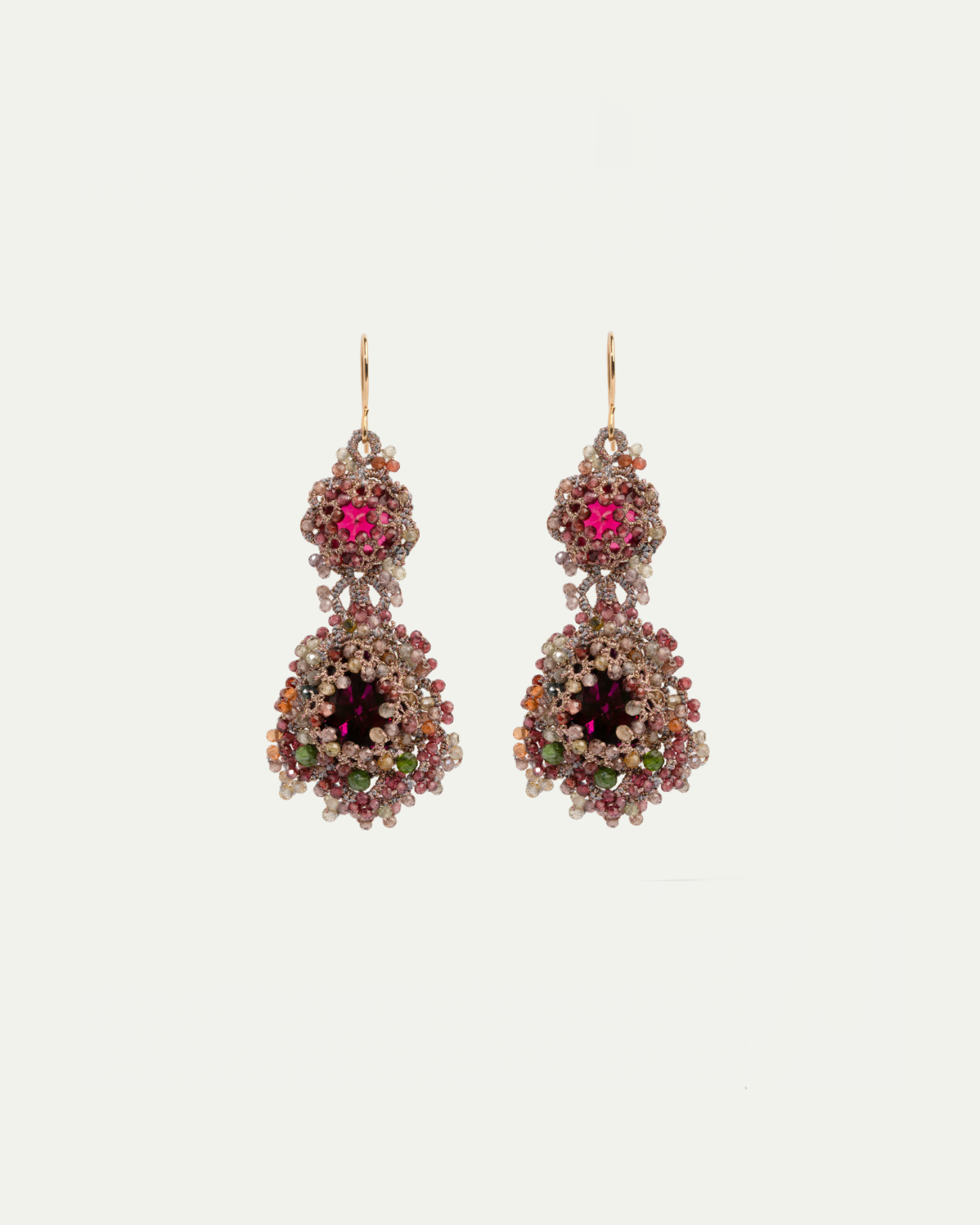 Gold-plated ELINA earrings with multicolored gemstones and silk in a drop design, featuring rose and garnet accents.