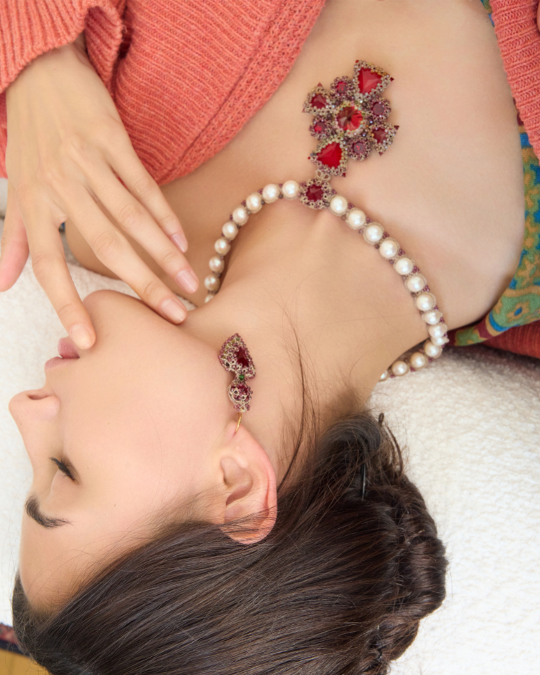 ELLA EARRINGS in Silk, Gold, Silver color Red angle view with superior finishes and refined design