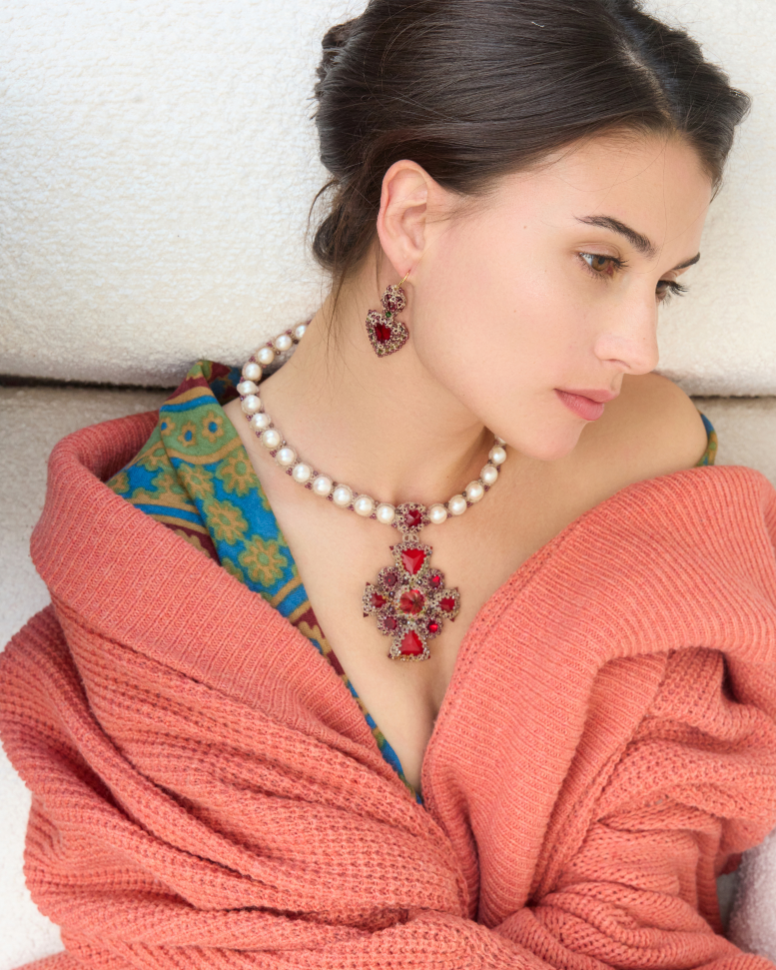 ELLA EARRINGS in Silk, Gold, Silver color Red full view with sophisticated look and elegance
