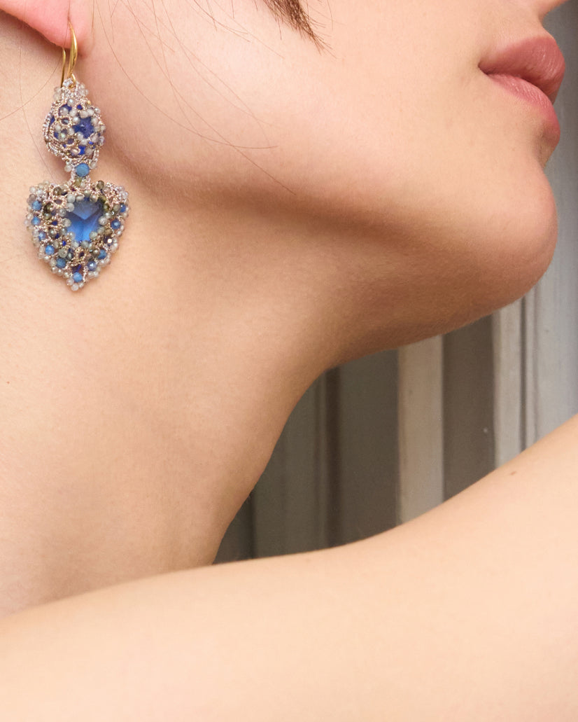 ELLA EARRINGS in Silk, Silver, Crystal color Blue front view with elegant and refined design