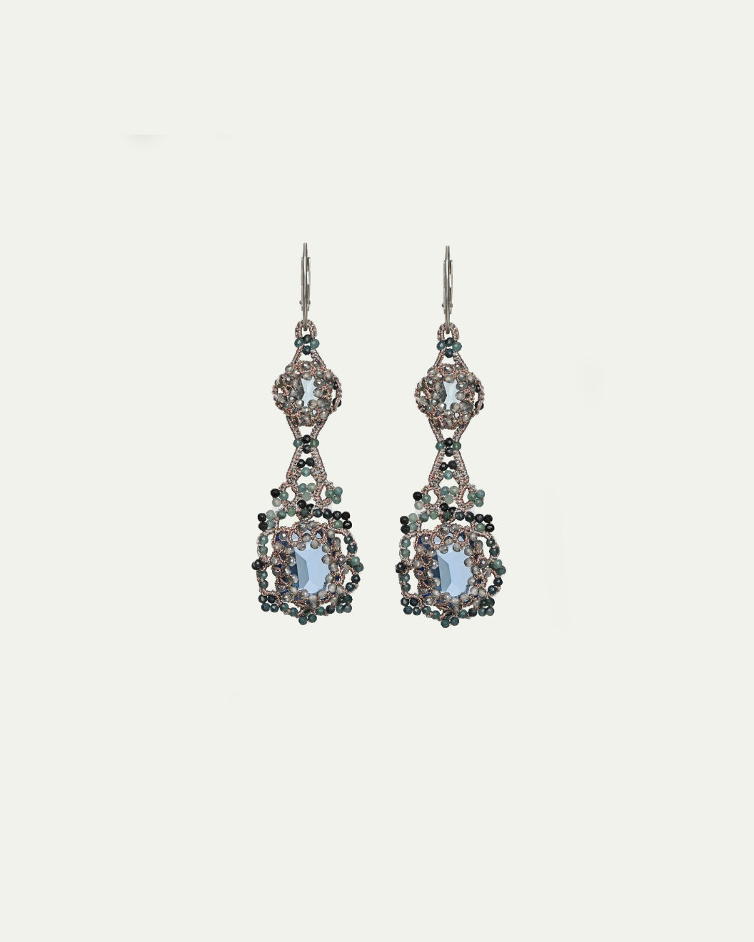 ELOISE earrings with crystal, topaz, blue tourmaline, silk threads, gold-plated silver hooks, blue accents.