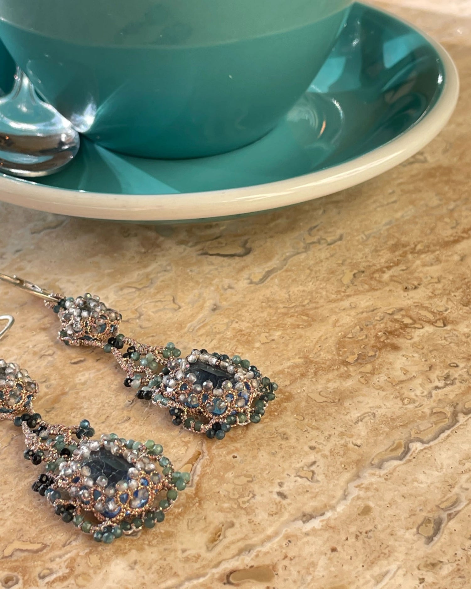 ELOISE EARRINGS in Silk, Gold, Silver color Blue side view with decorative details and quality finishes