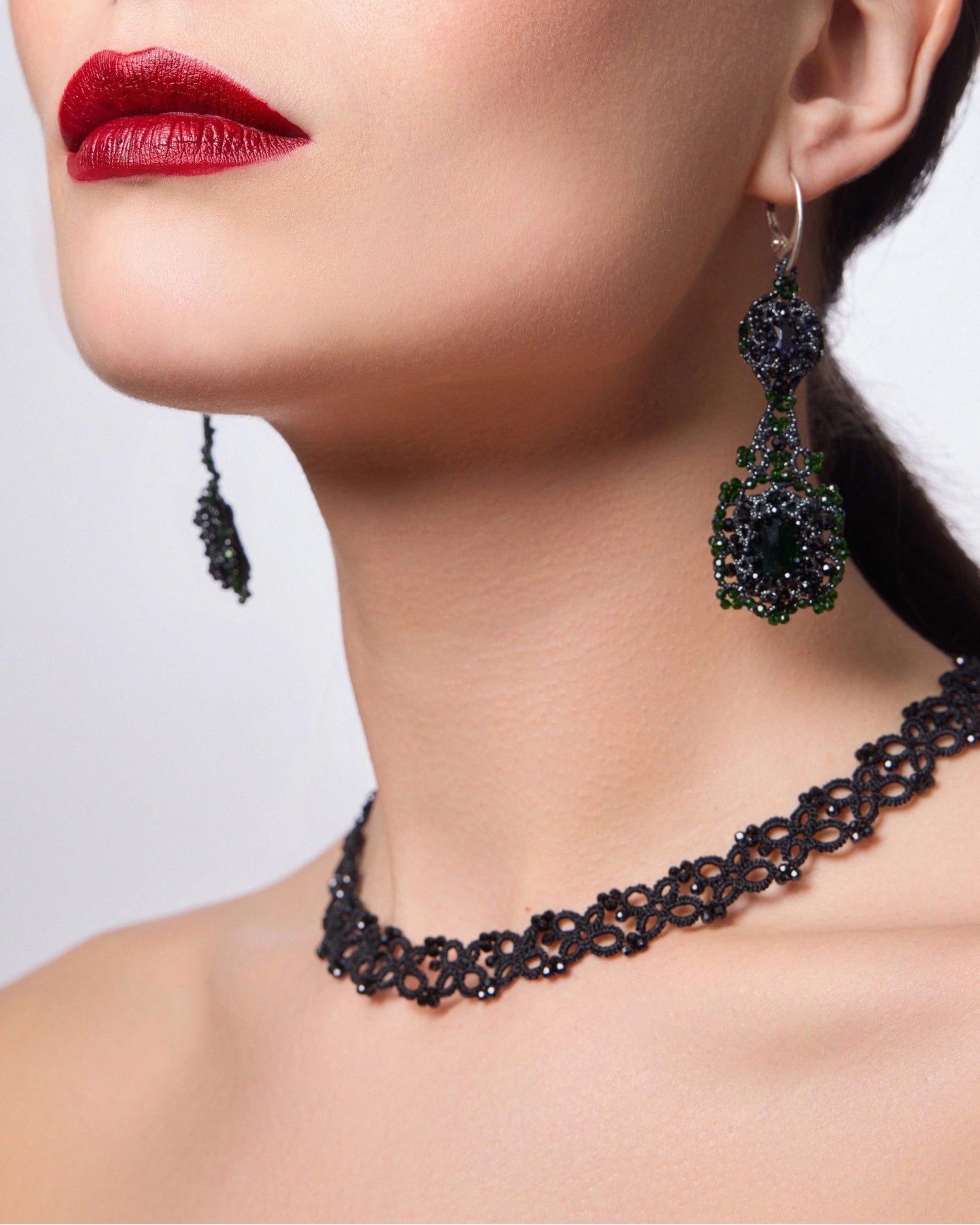 ELOISE EARRINGS in Silk, Silver, Crystal color Black detail view with classic and elegant design