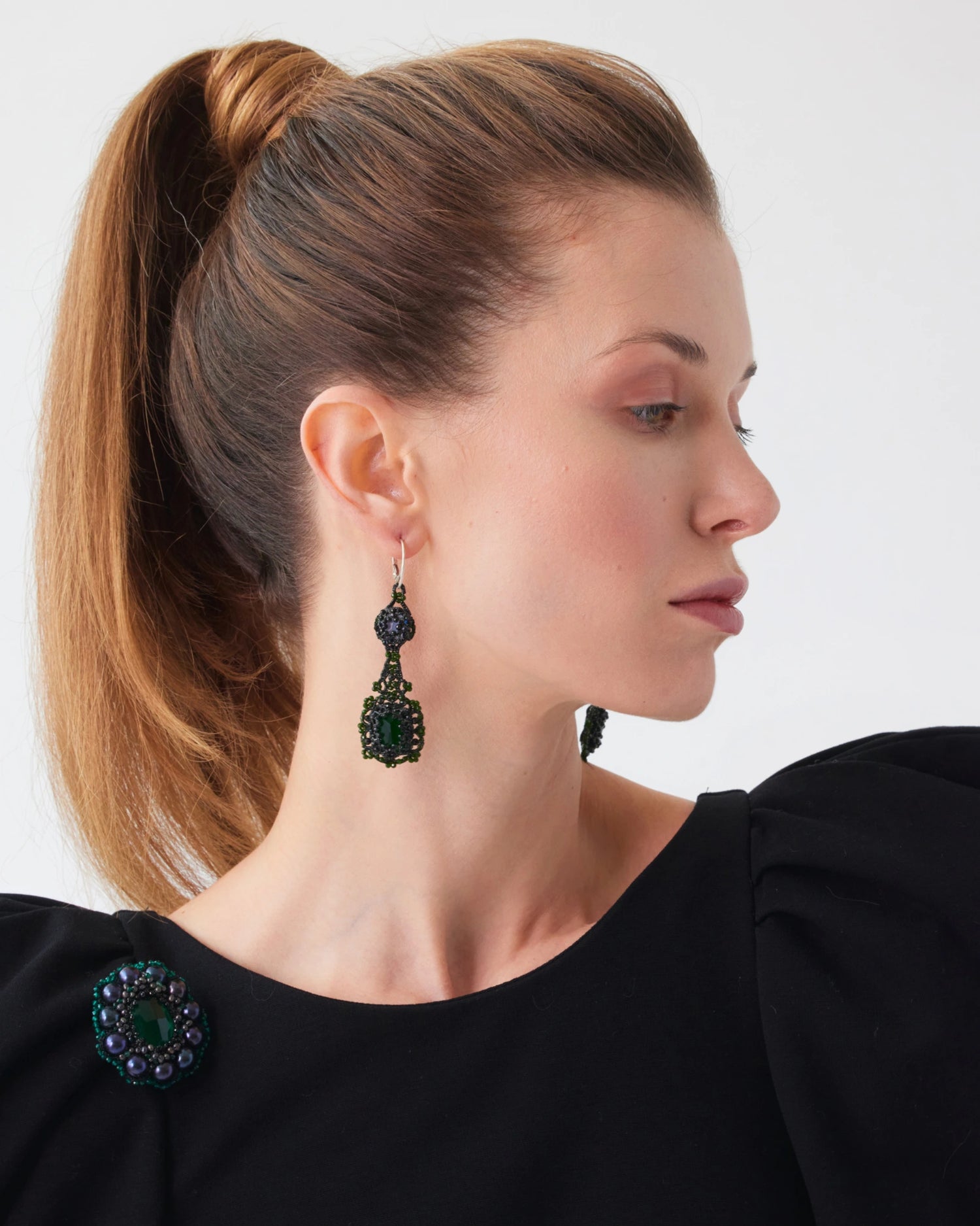 ELOISE EARRINGS in Silk, Silver, Crystal color Black close-up view with premium look and attention to detail