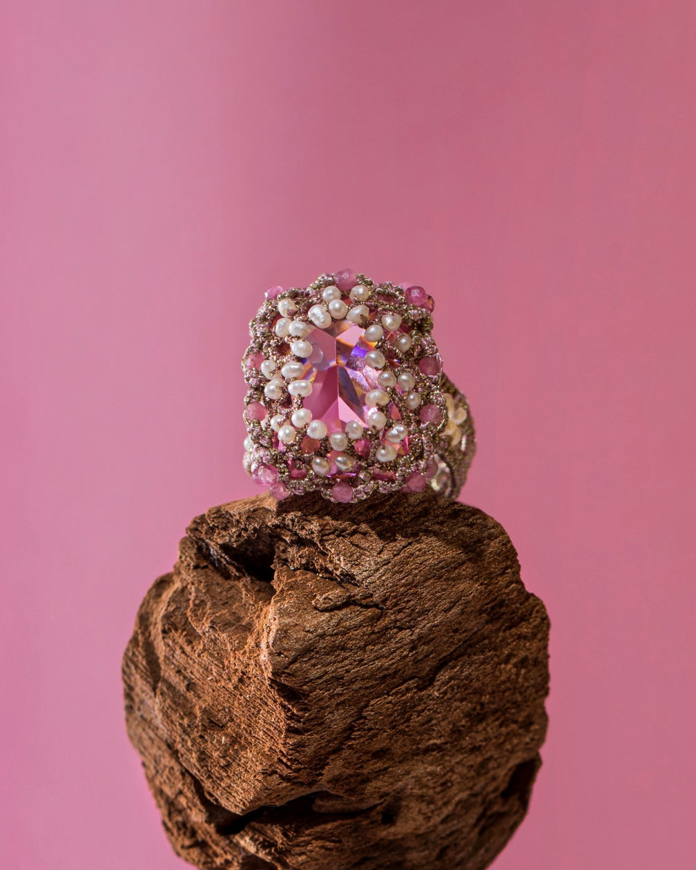 ERICA RING with pink tourmaline, freshwater pearls, and crystal set in rose silk threads.