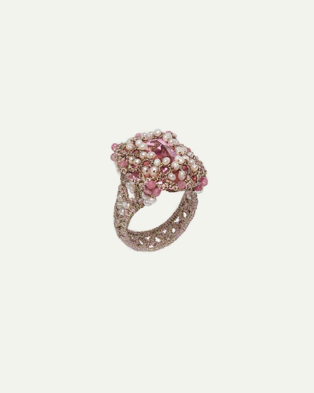 Elegant ERICA ring in rose with pearls, pink stones, intricate detailing, side view. Available sizes 52, 56, 60.