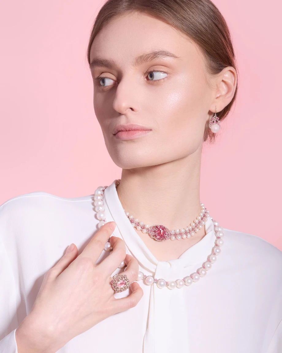 Silk ERICA RING in rose with pearls, freshwater pearls, crystal, tourmaline; detailed texture.