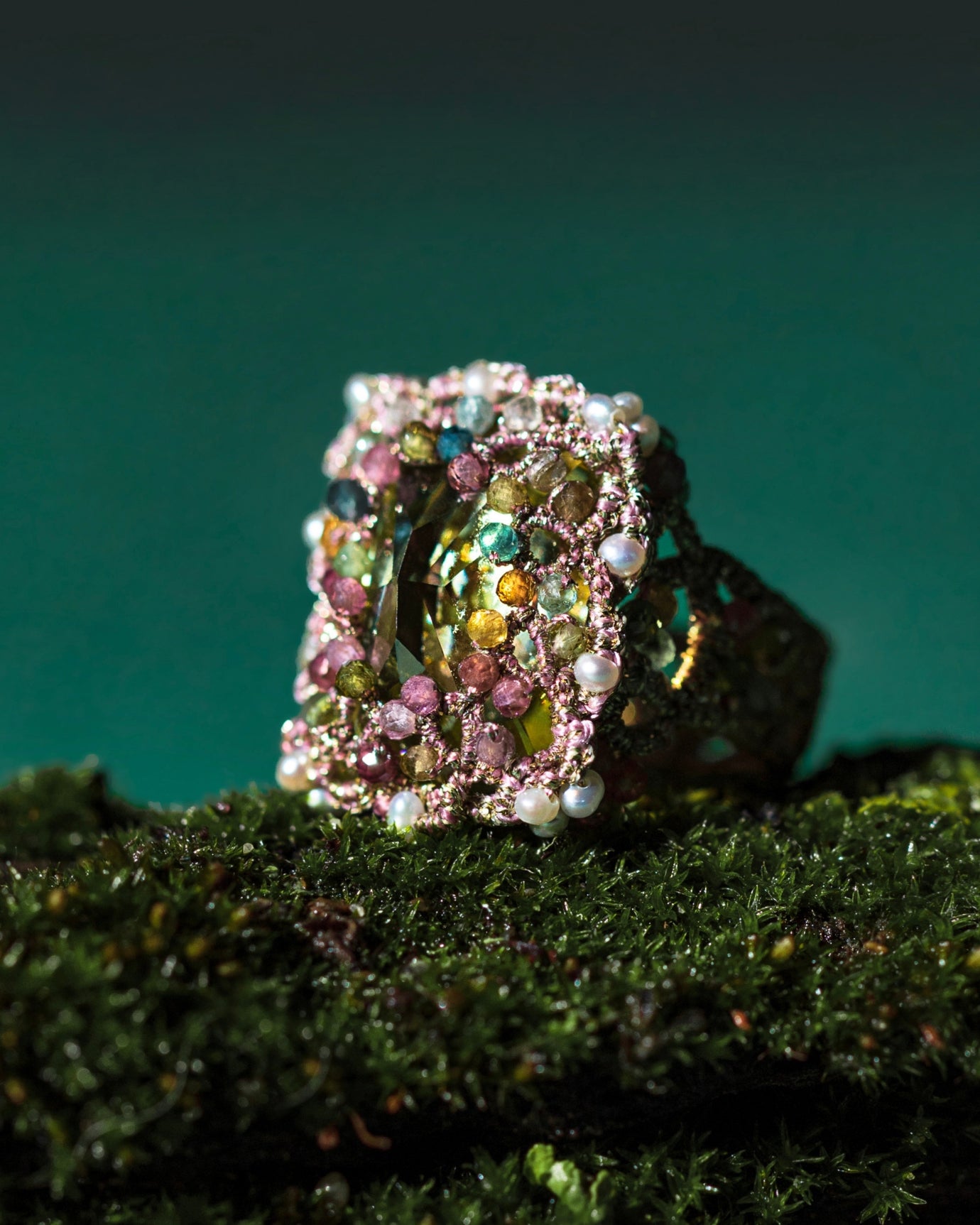 ERICA RING in Silk, Pearls, Freshwater pearls color Green front view with elegant and refined design