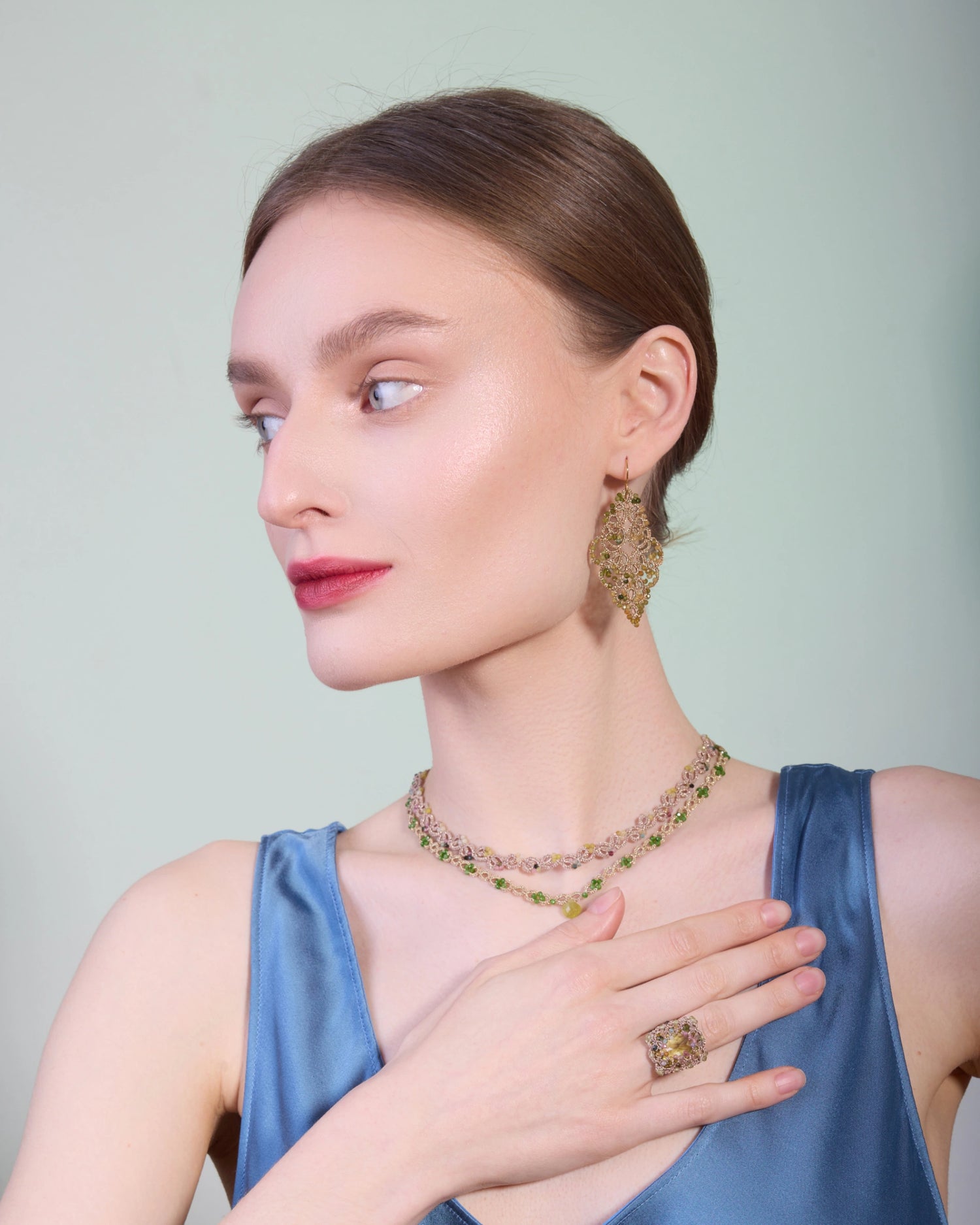 GEMMA EARRINGS in Silk, Gold, Silver color Green side view with decorative details and quality finishes