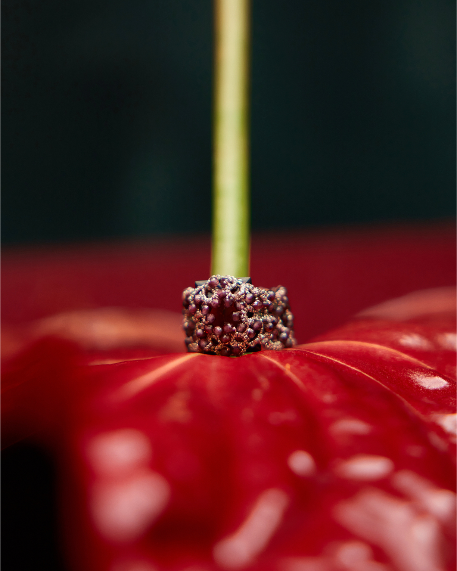 ESTELLE RING in Silk, Crystal, Garnet detail view with classic and elegant design