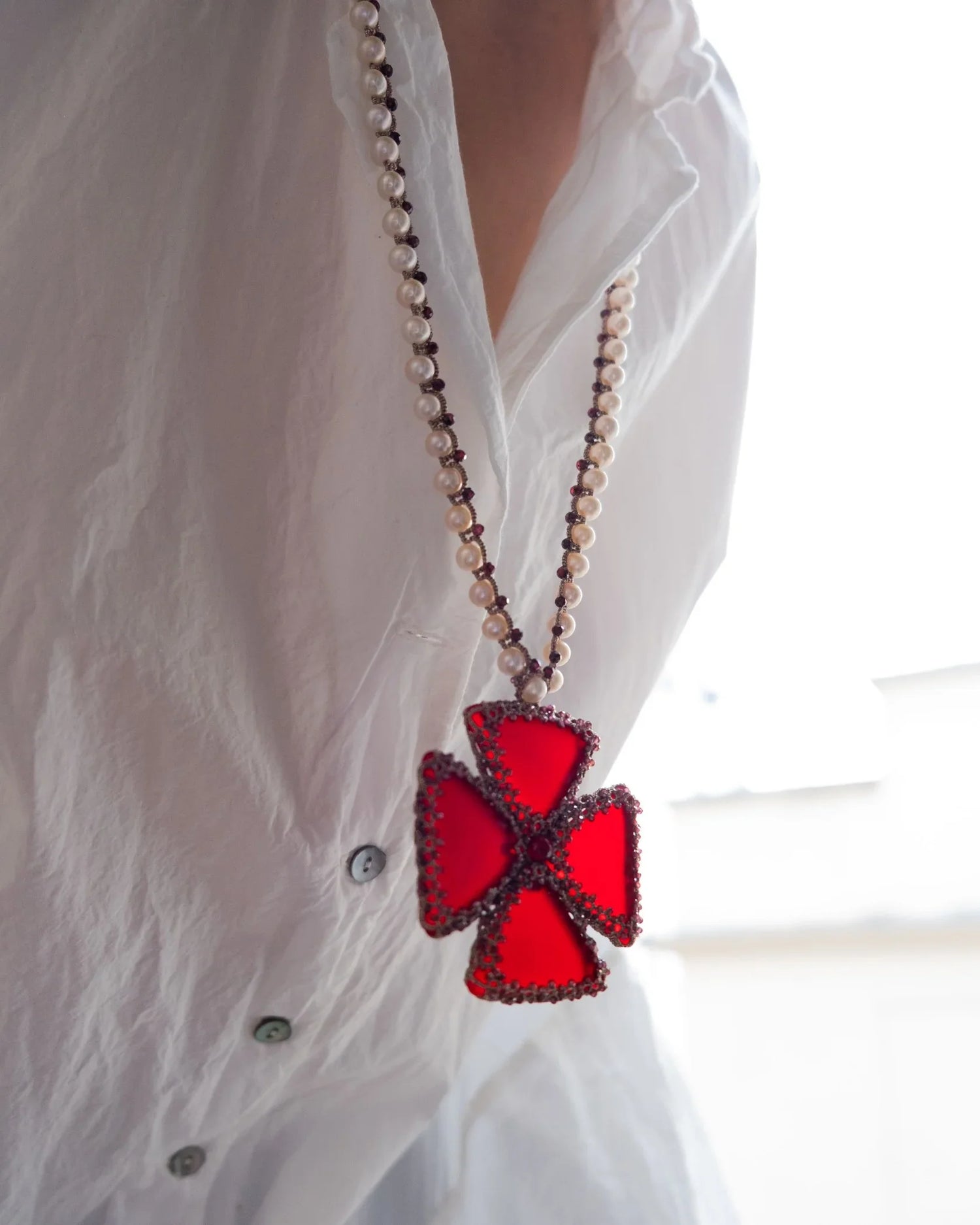 GEORGIA PENDANT in Silk, Pearl, Pearls color Red front view with elegant and refined design