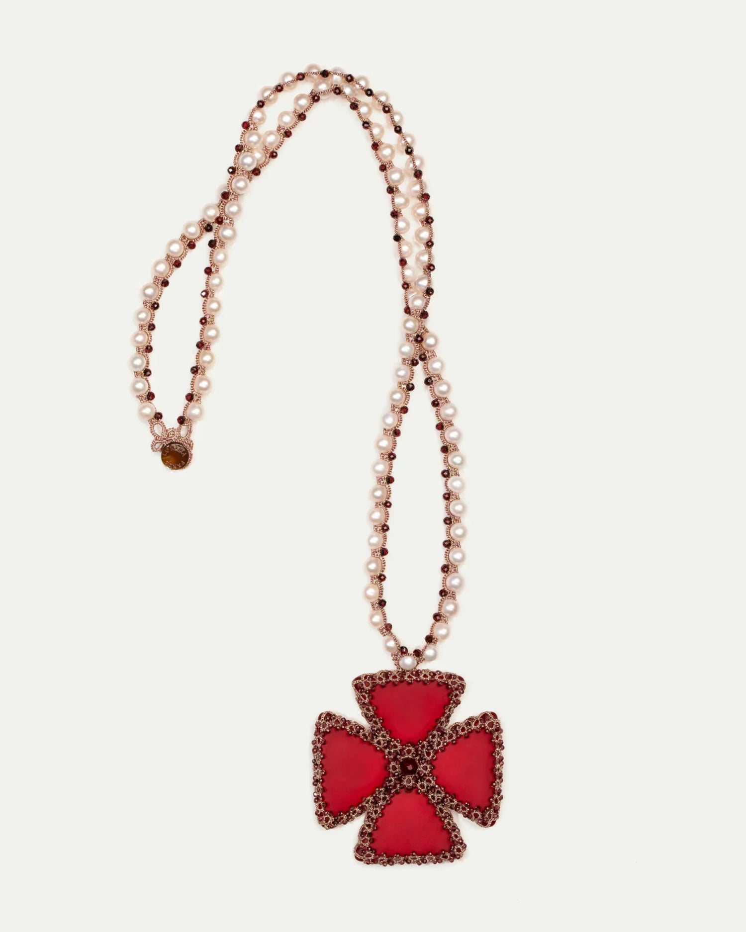 GEORGIA PENDANT in Silk, Pearl, Pearls color Red detail view with classic and elegant design