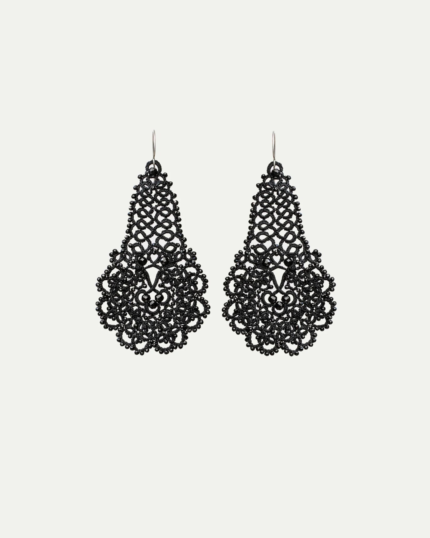 GERBERA EARRINGS in Silk, Silver color Black front view with elegant and refined design