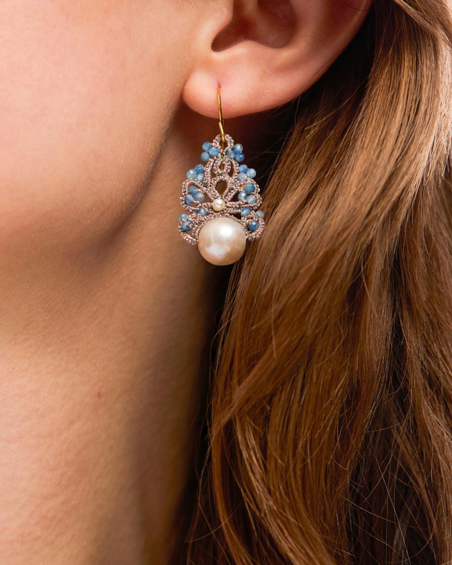 GILLET EARRINGS in Silk, Silver, Pearls color Blue side view with decorative details and quality finishes