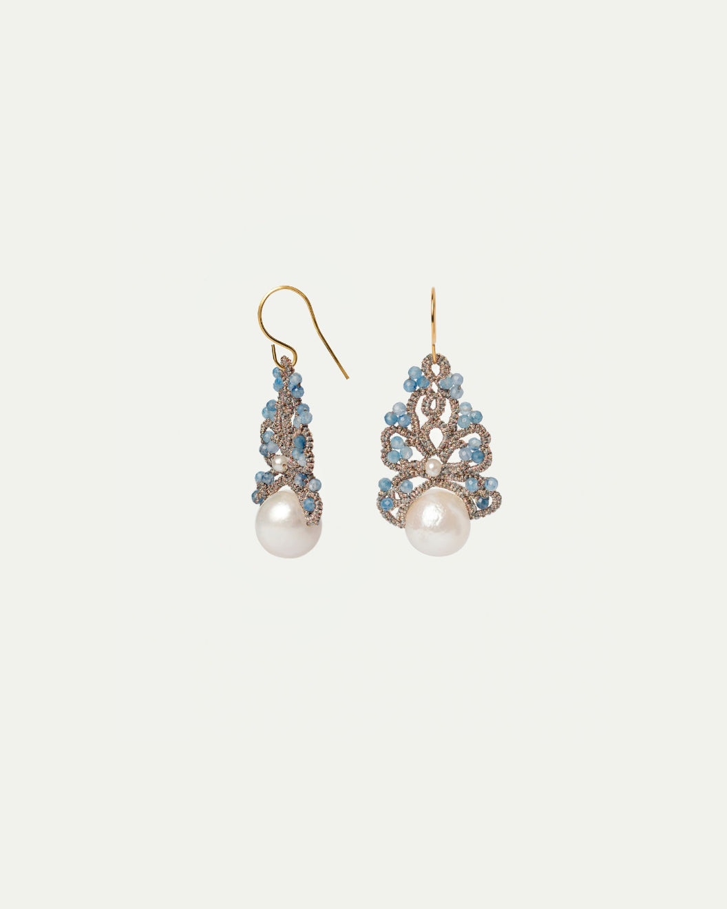 GILLET EARRINGS in Silk, Silver, Pearls color Blue detail view with classic and elegant design