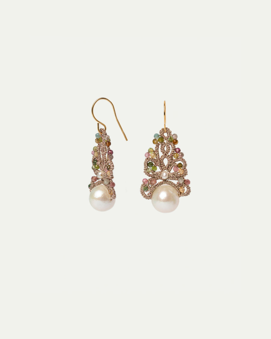 Silk and silver earrings with multicolor tourmaline and freshwater pearls detailing, intricate design.