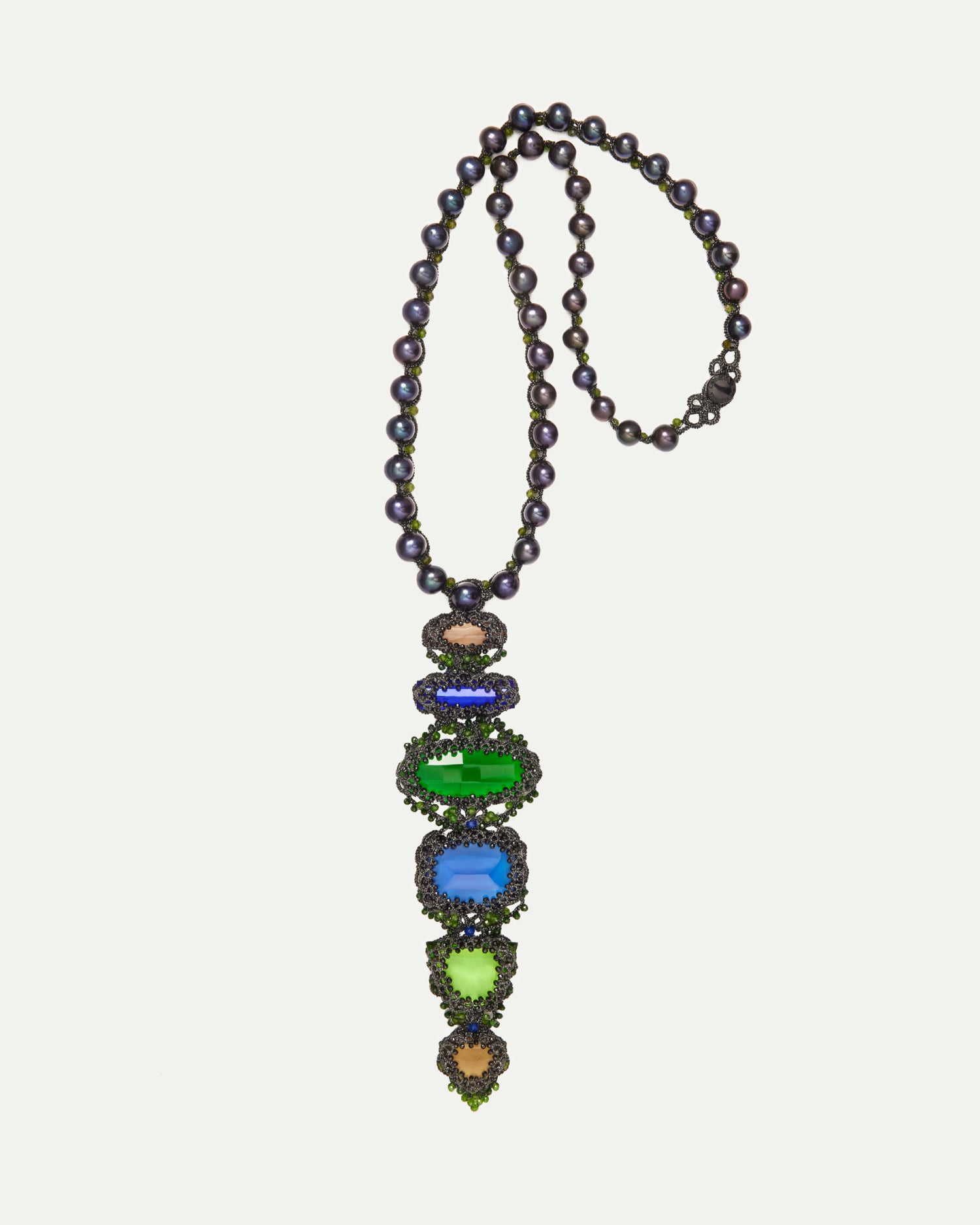 GIOVANNA PENDANT with black freshwater pearls, vintage glass, spinel, chrome diopside gemstones, and mother of pearl.