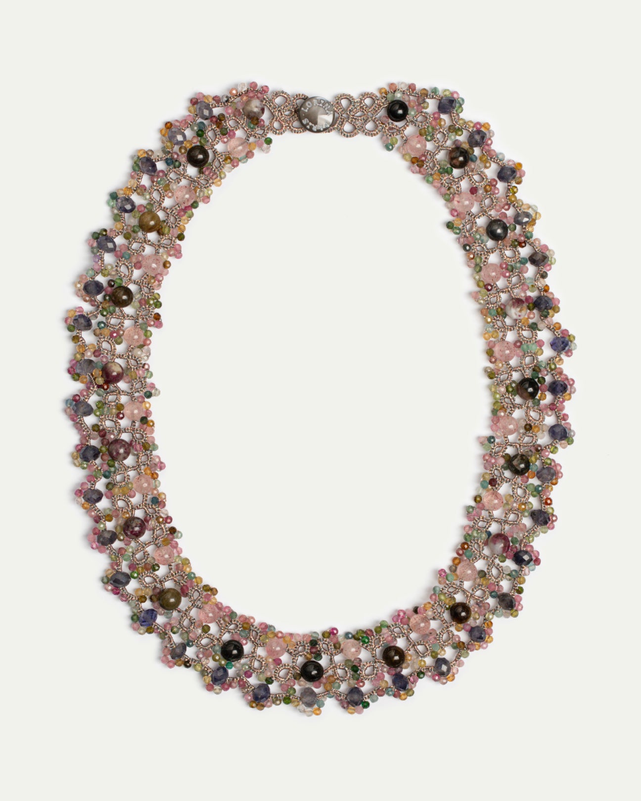 Multicolor beaded necklace with intricate pattern and varied gemstones, showcasing a side view of elegant design.
