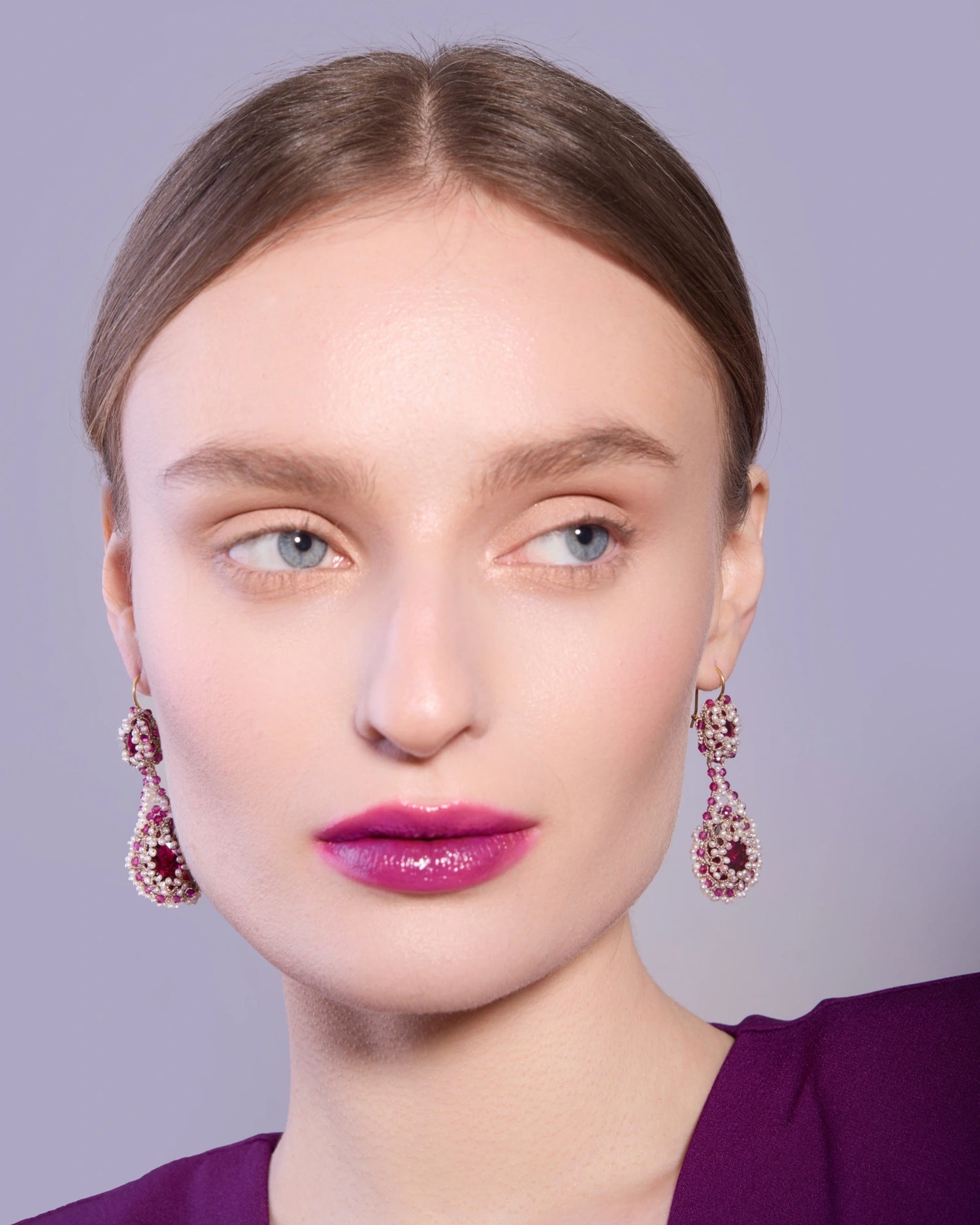 GRETA EARRINGS in Silk, Gold, Silver color Rose side view with decorative details and quality finishes