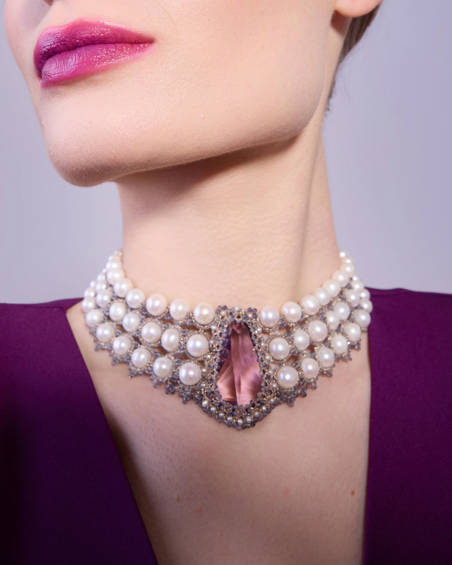 Hepburn Amethyst Necklace in Silk, Pearl, Pearls color Rose detail view with classic and elegant design