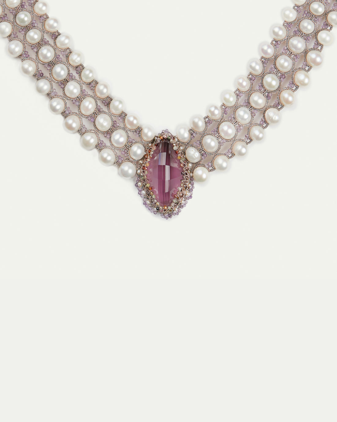 Hepburn Amethyst Necklace with rose silk, freshwater pearls, sapphire accents, and central amethyst detail.