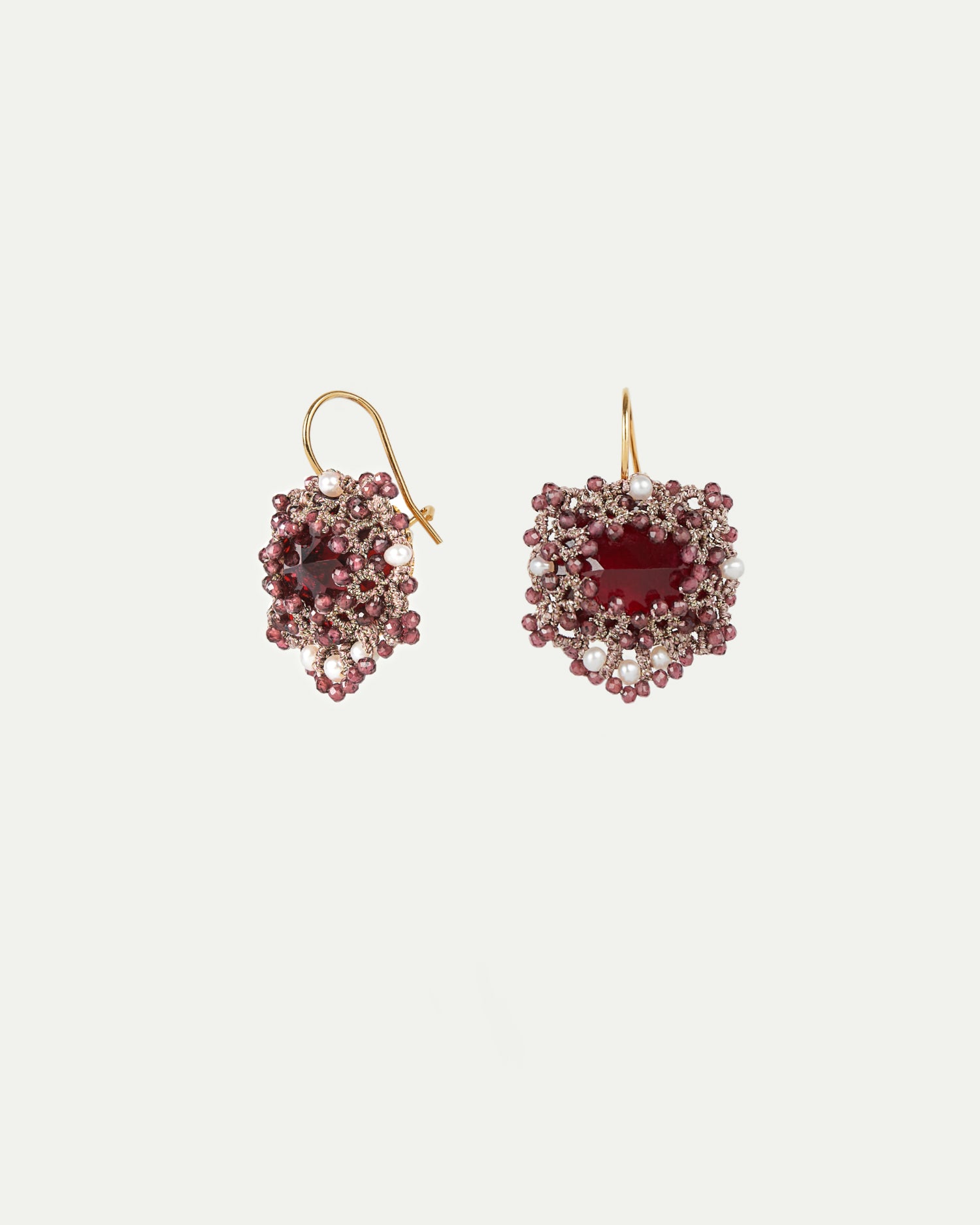 Red Hepburn earrings with silk, gold, pearls, and freshwater pearl detailing.
