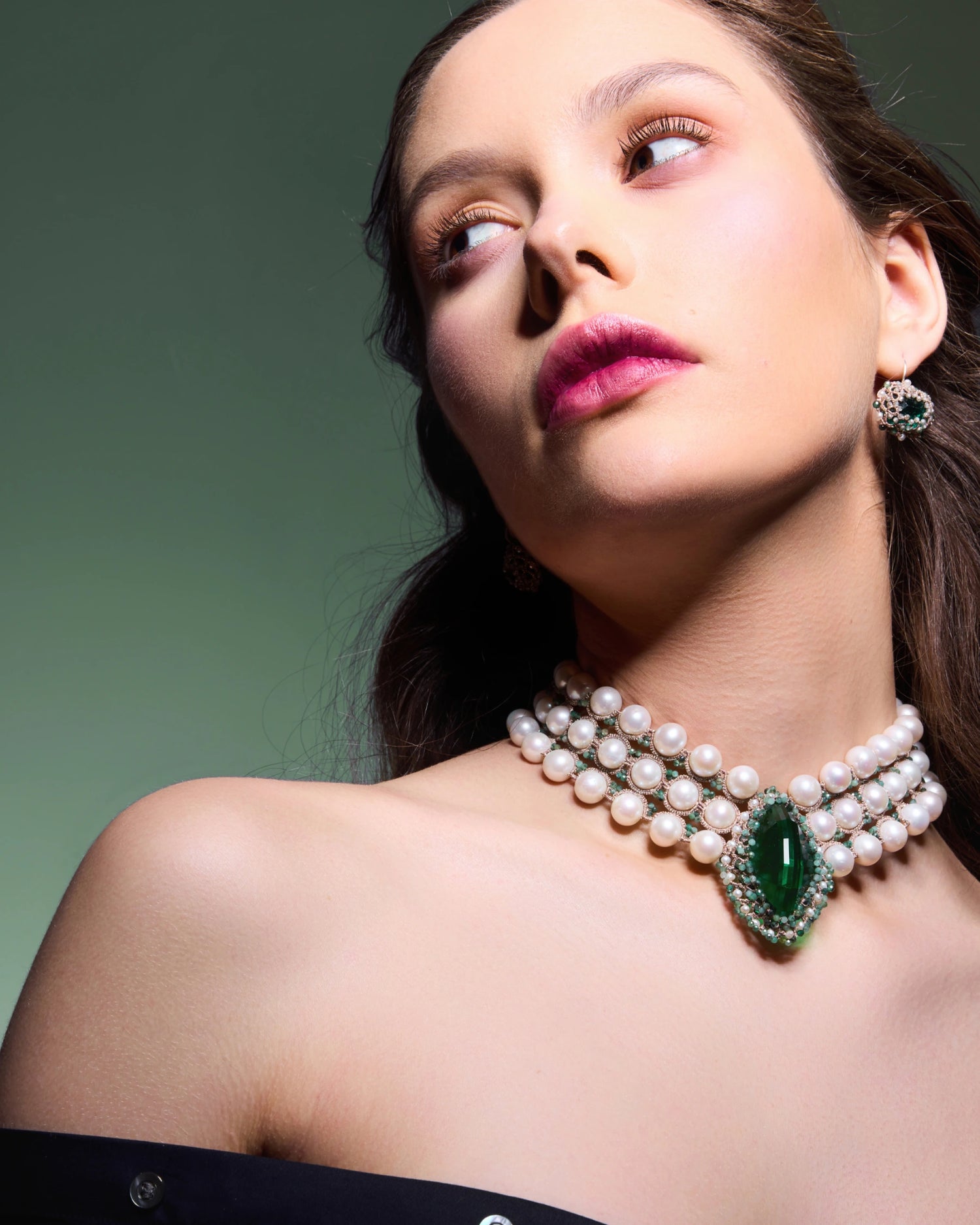 HEPBURN EARRINGS in Silk, Silver, Pearls color Green close-up view with premium look and attention to detail