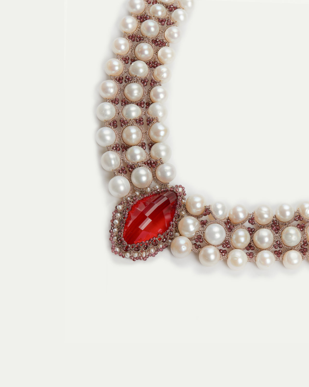 HEPBURN NECKLACE in Silk, Pearl, Pearls color Red angle view with superior finishes and refined design