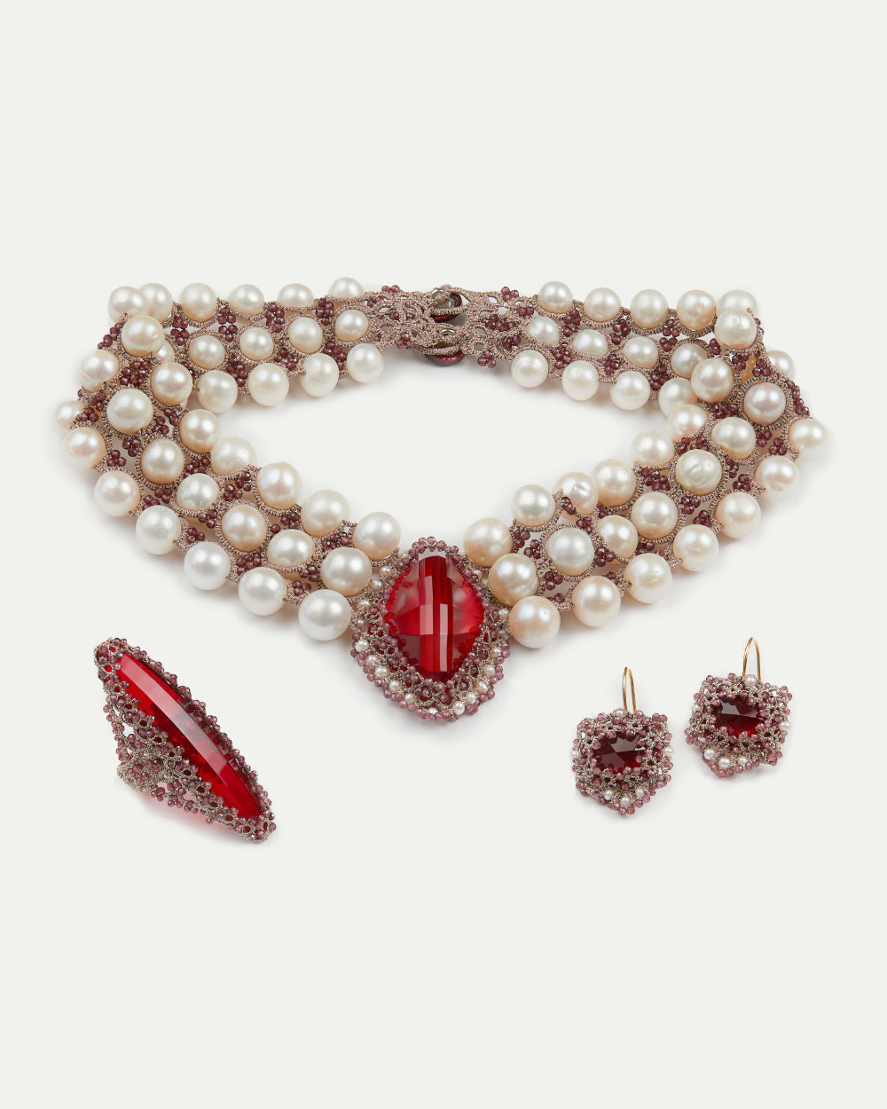 HEPBURN NECKLACE in Silk, Pearl, Pearls color Red perspective view with exceptional quality and modern design