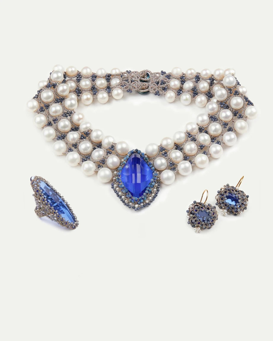 HEPBURN NECKLACE in Silk, Pearl, Pearls color Blue front view with elegant and refined design