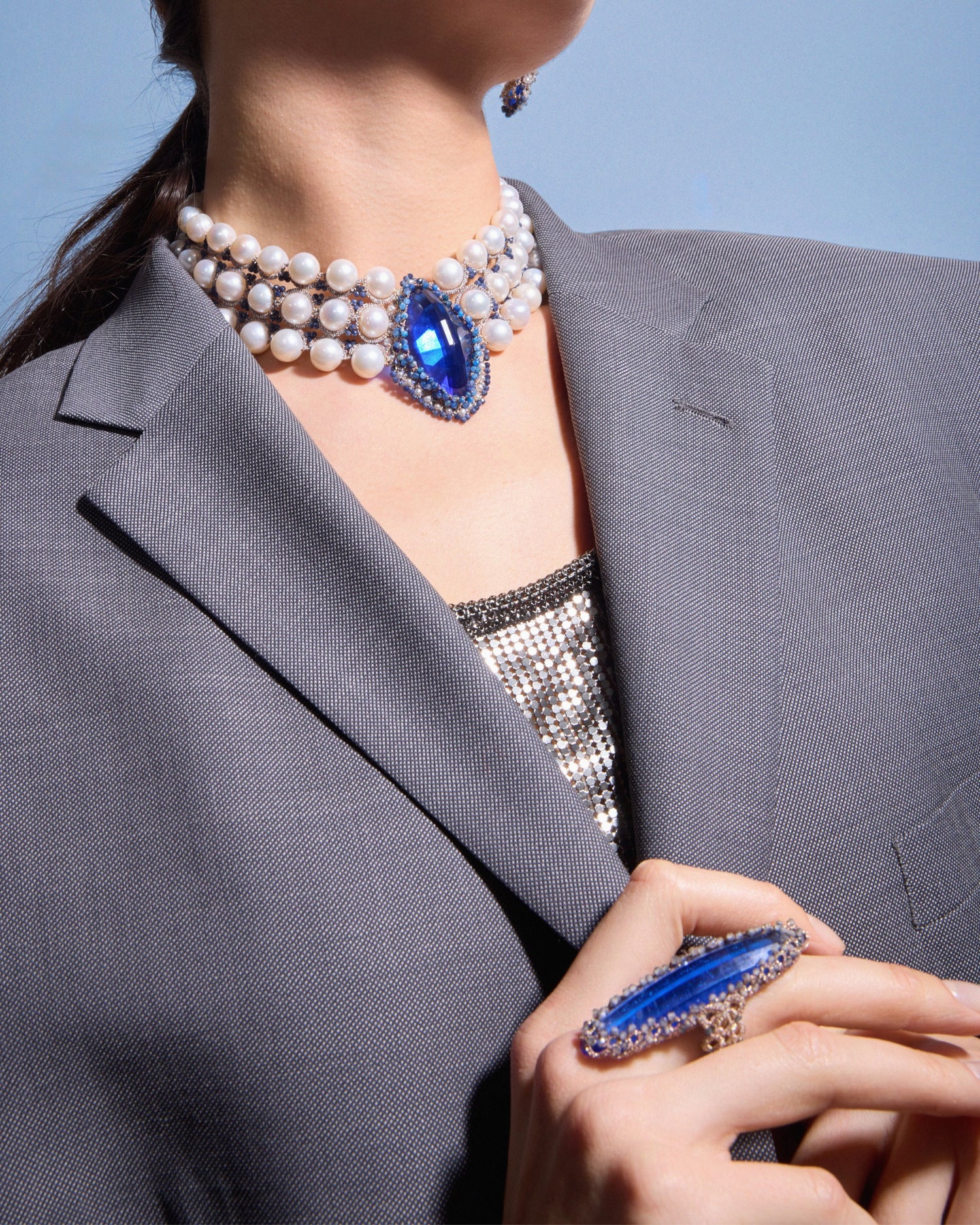 HEPBURN NECKLACE in Silk, Pearl, Pearls color Blue close-up view with premium look and attention to detail