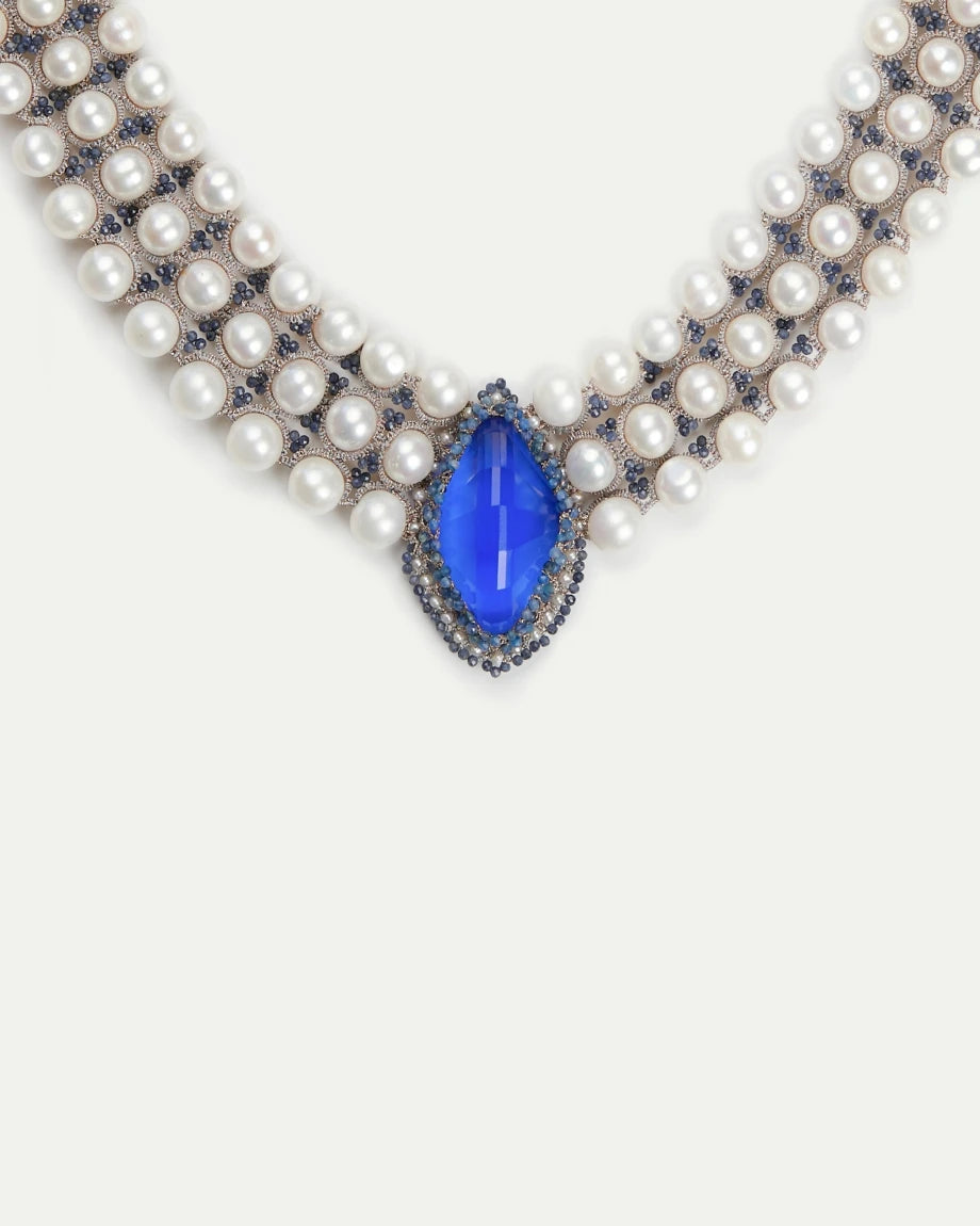 HEPBURN NECKLACE in Silk, Pearl, Pearls color Blue angle view with superior finishes and refined design