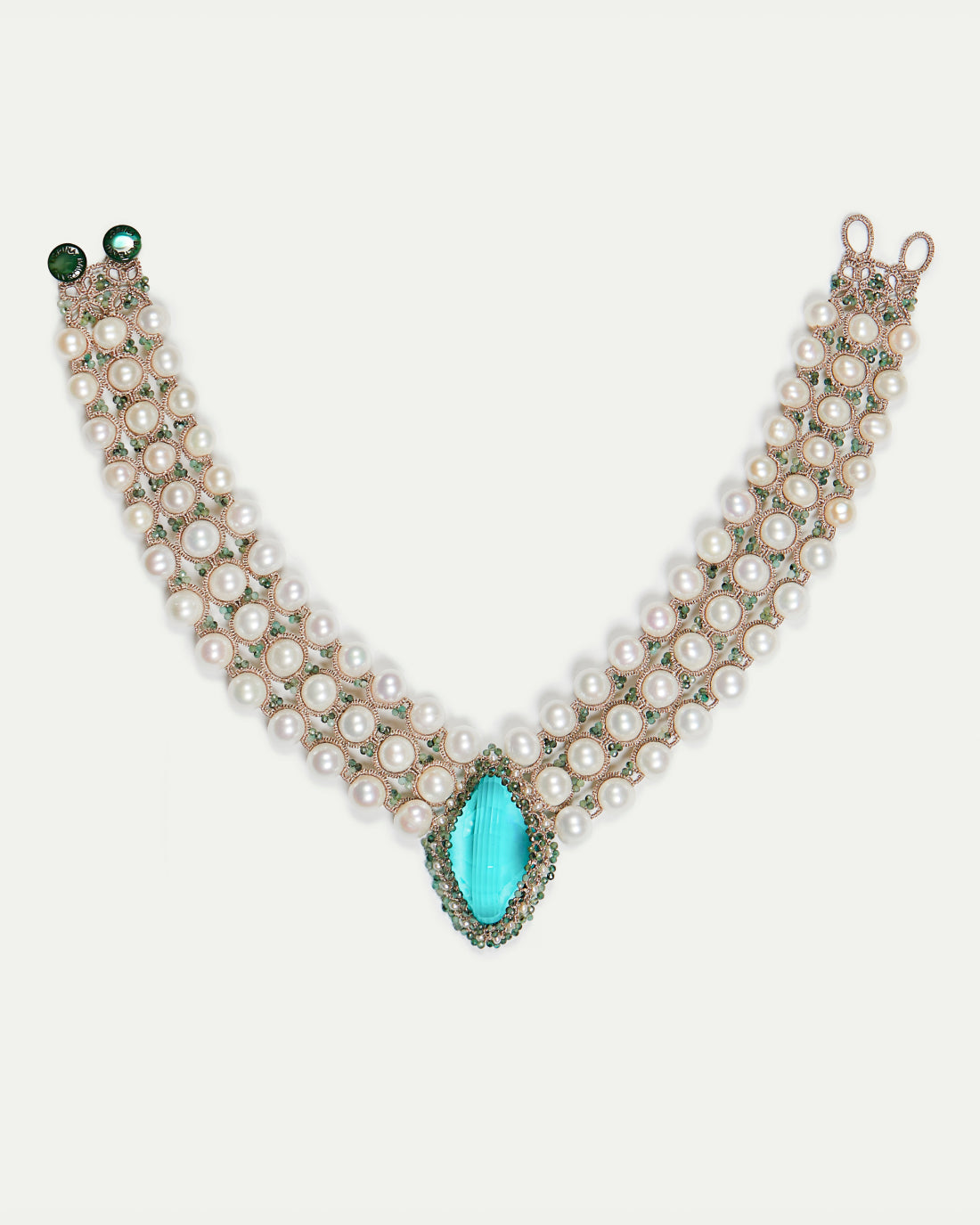 HEPBURN NECKLACE detail, green silk, pearl strands, freshwater pearls, sapphire accent, intricate craftsmanship