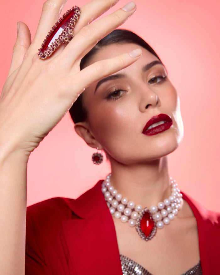 HEPBURN RING in Silk, Garnet, Glass color Red side view with decorative details and quality finishes