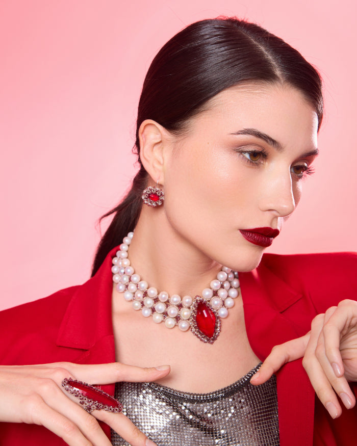 HEPBURN RING in Silk, Garnet, Glass color Red close-up view with premium look and attention to detail