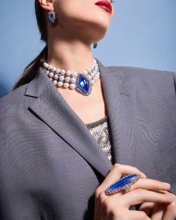 HEPBURN RING in Silk, Topaz, Glass color Blue side view with decorative details and quality finishes