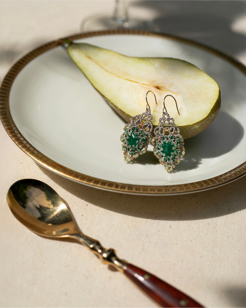 HERA EARRINGS in Silk, Gold, Silver color Green detail view with classic and elegant design
