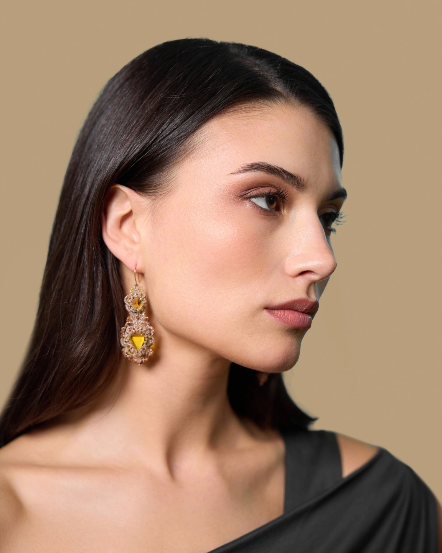 INESSE EARRINGS in Silk, Gold, Silver color Gold front view with elegant and refined design