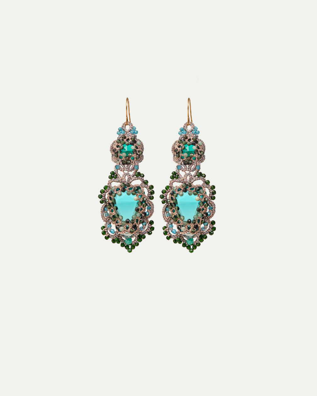 INESSE EARRINGS with crystal, green tourmaline, apatite gemstones, silk threads, gold-plated silver hooks.