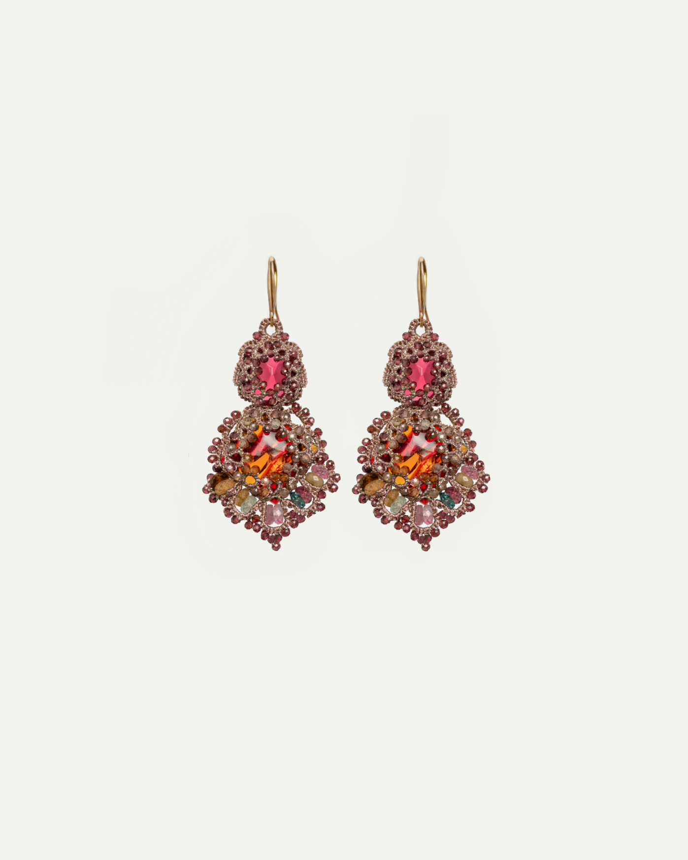 KIMBERLY EARRINGS with red crystals, multicolored gemstones, and gold-plated silver hooks.
