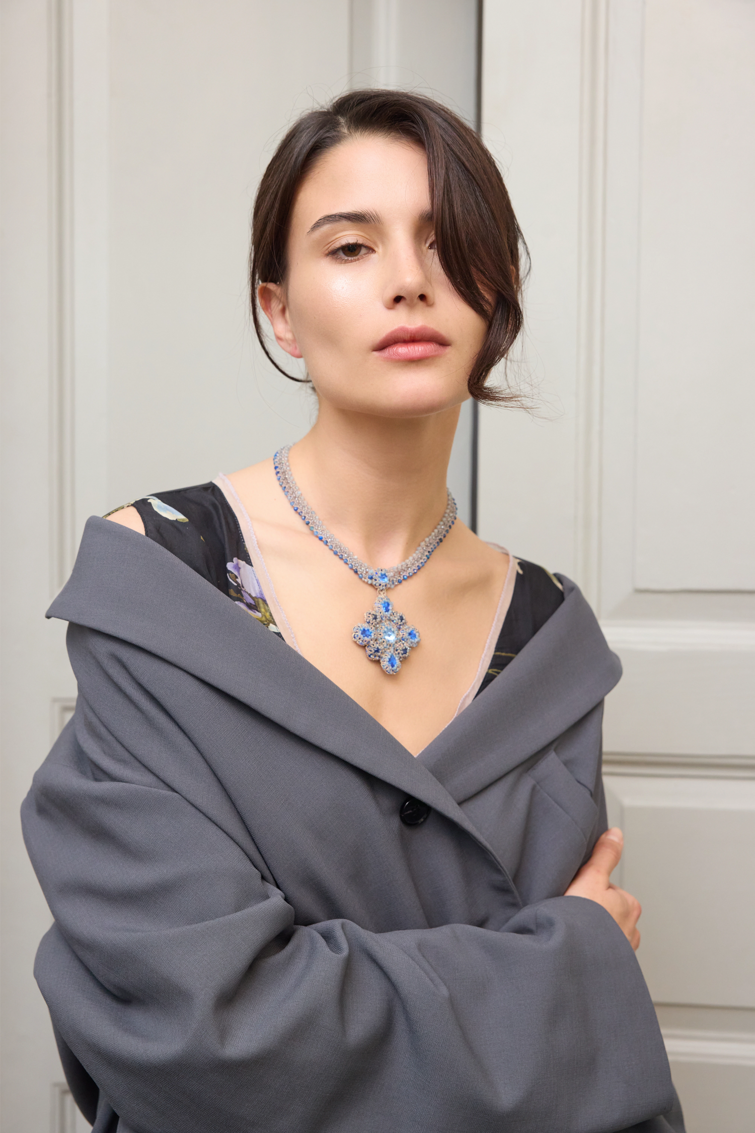 LINDA NECKLACE in Silk, Pearl, Crystal color Blue perspective view with exceptional quality and modern design