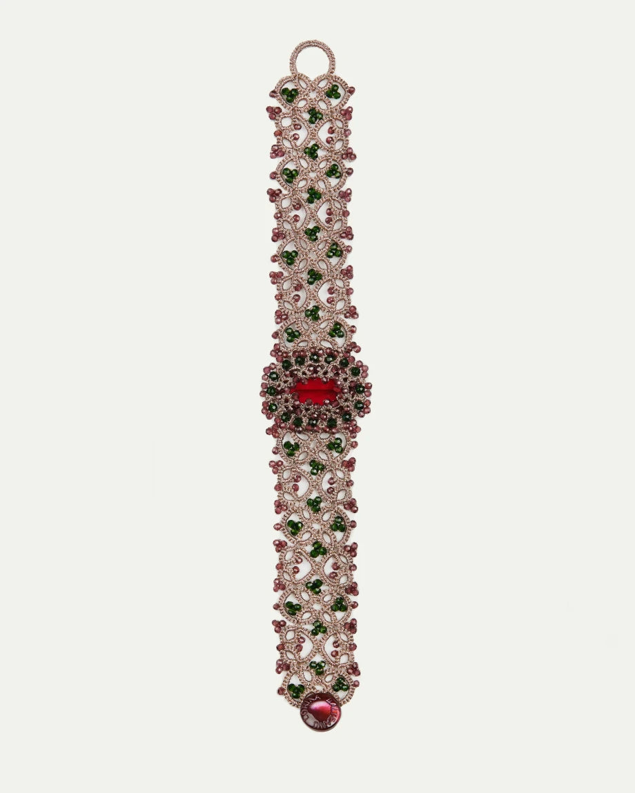 LISA BRACELET in Silk, Pearl, Crystal color Red detail view with classic and elegant design