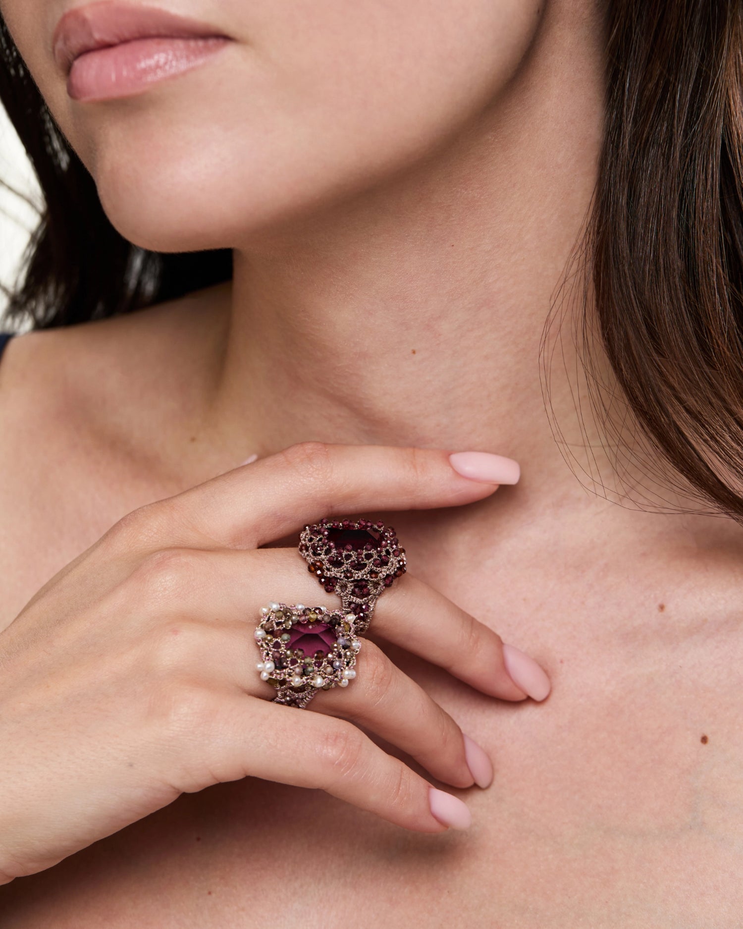 LOLA RING in Silk, Crystal, Garnet color Red close-up view with premium look and attention to detail