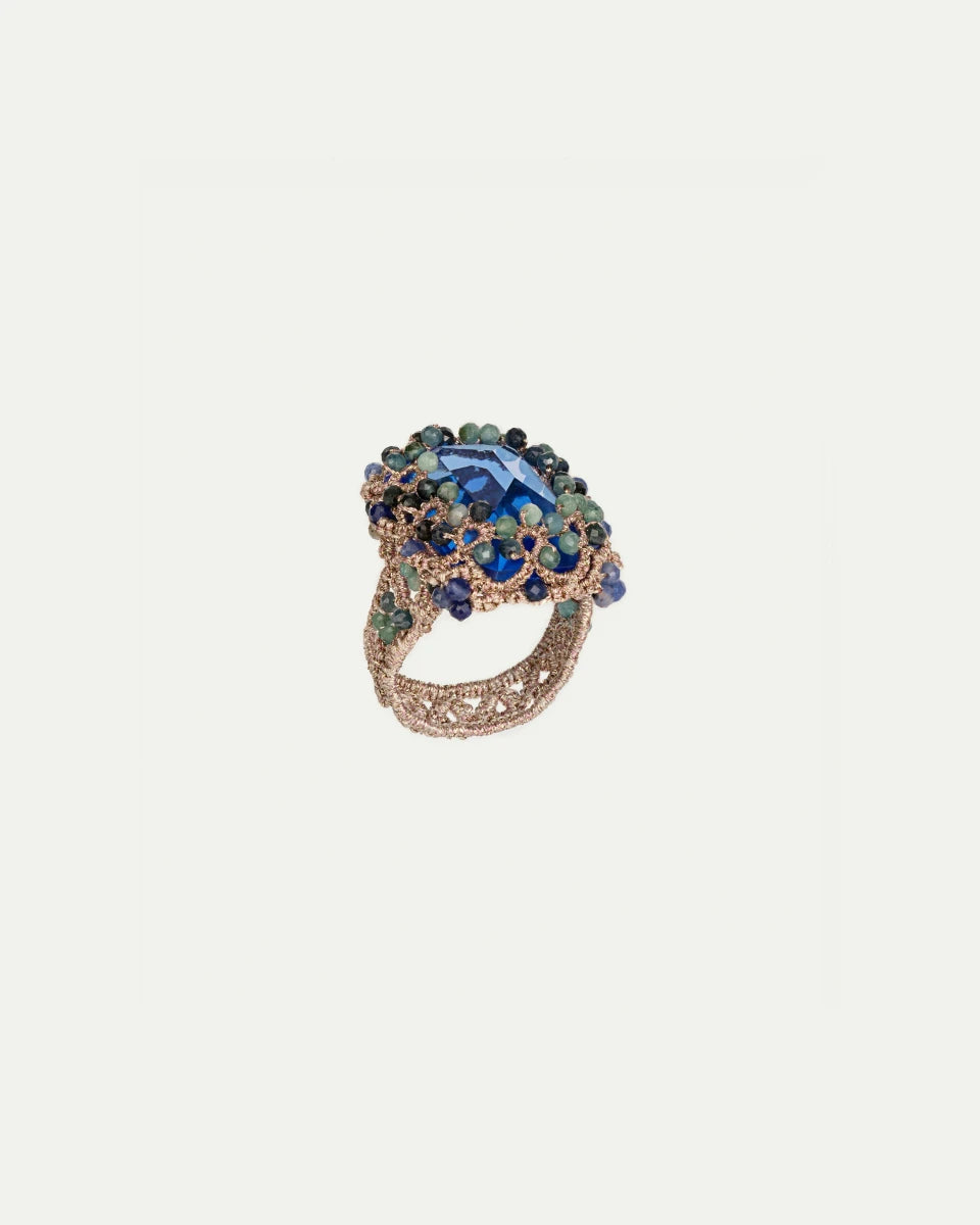 LOLA RING in Silk, Crystal, Kyanite color Blue side view with decorative details and quality finishes