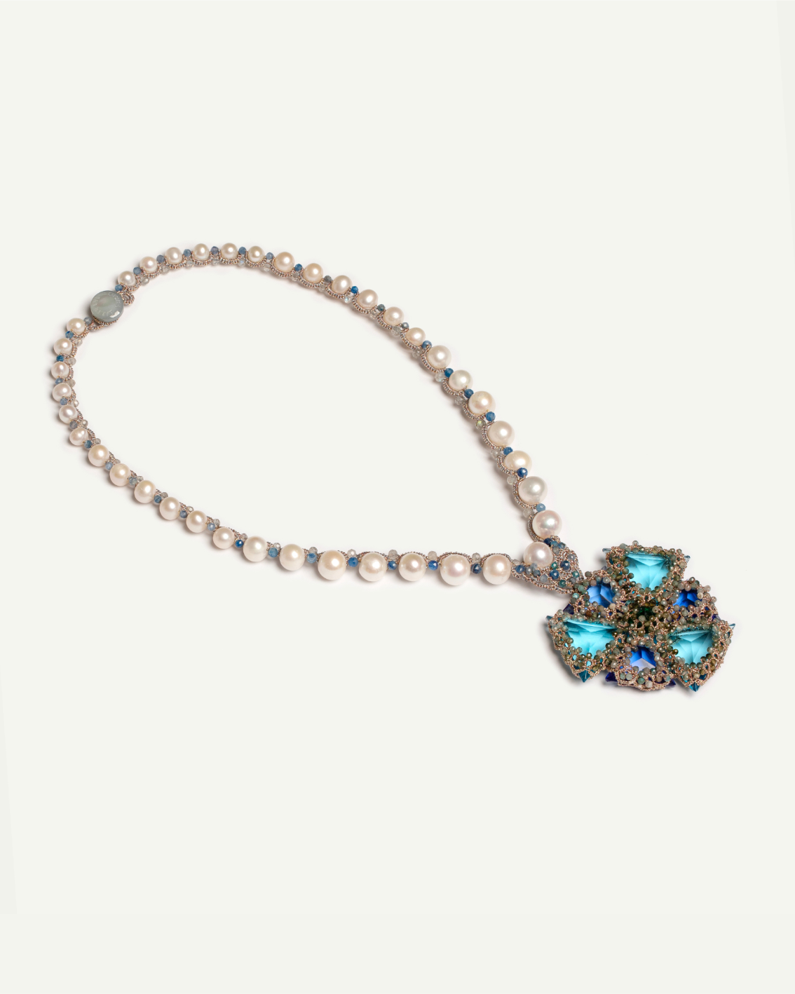LYDIA NECKLACE in Silk, Pearl, Pearls color Blue angle view with superior finishes and refined design