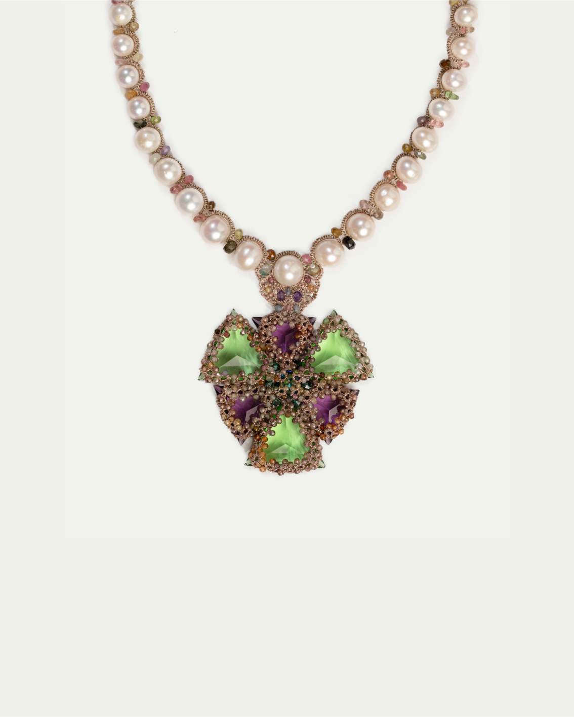 LYDIA NECKLACE in Silk, Pearl, Pearls color Green close-up view with premium look and attention to detail