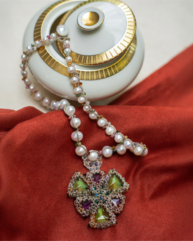 LYDIA NECKLACE in Silk, Pearl, Pearls color Green angle view with superior finishes and refined design